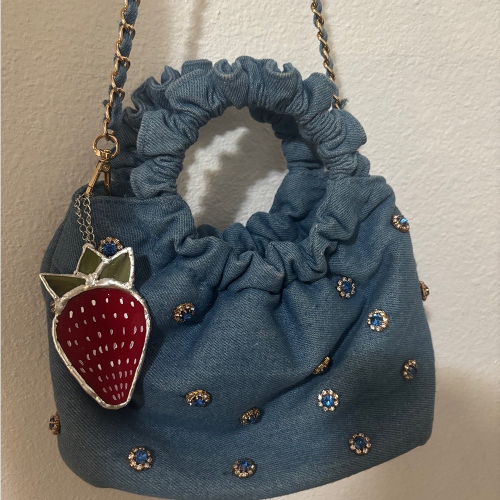 Blue Denim Embellished Bag with Strawberry Charm